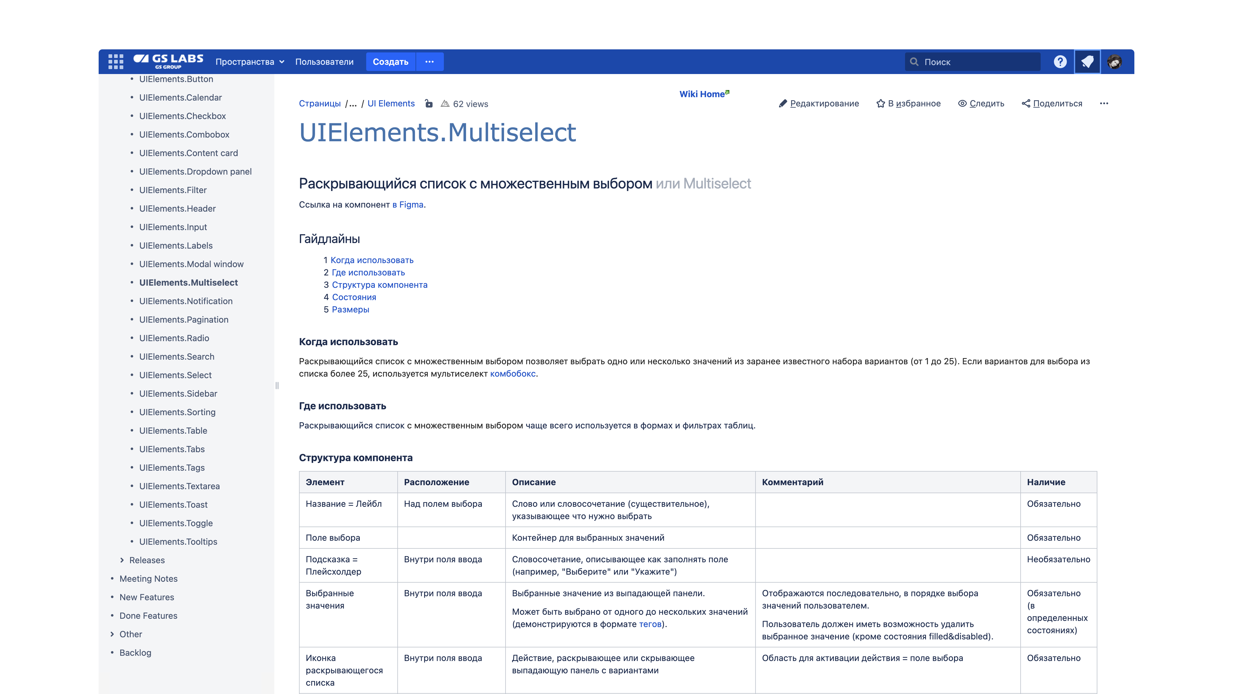 Multiselect: страница спецификации в Confluence