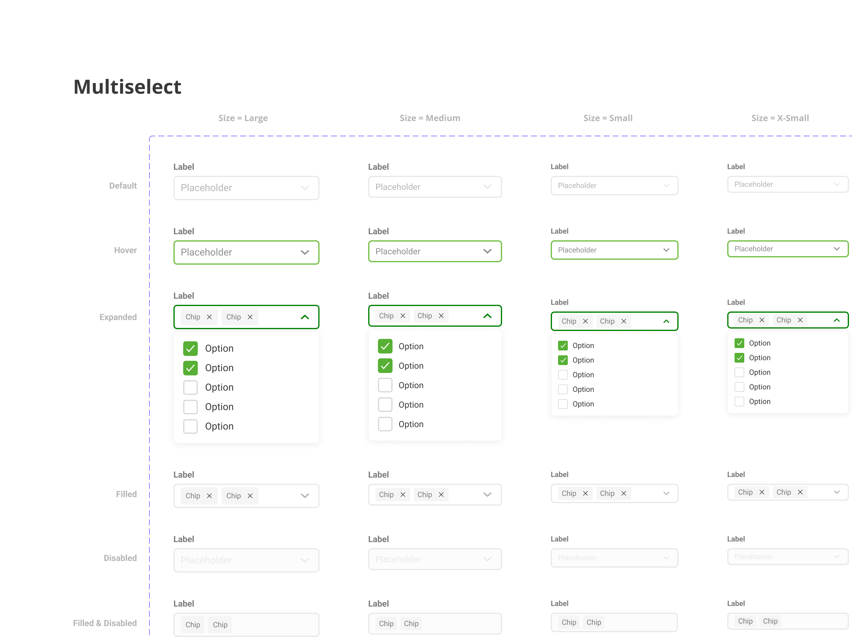 Multiselect: четыре размера компонента в состояниях Default, Hover, Expanded, Filled и Disabled