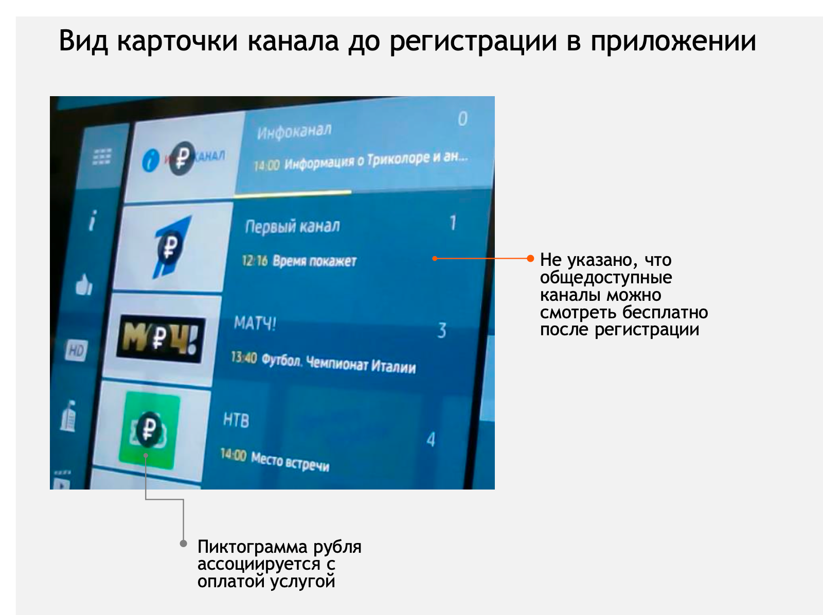До: карточка канала до регистрации — знак рубля у всех каналов, не указано, что часть каналов бесплатна после регистрации